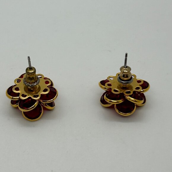Vintage Ruby Red Flower Stud Earrings with Crystals Gold-Tone Made in the USA. - Picture 8 of 11